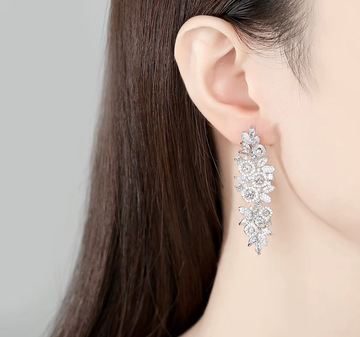 Vivian Leaf Design CZ Rodium Plated Earrings