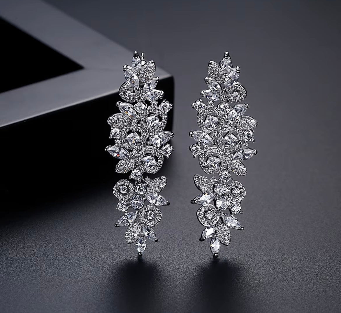 Vivian Leaf Design CZ Rodium Plated Earrings