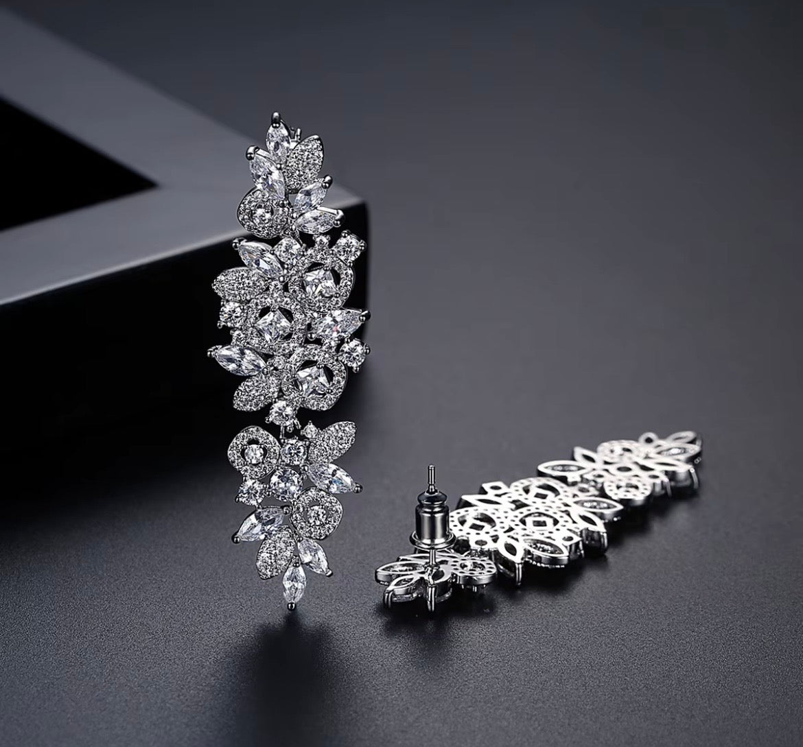 Vivian Leaf Design CZ Rodium Plated Earrings